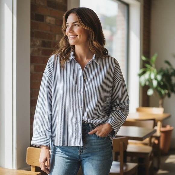 Everlane Tops - NEW Everlane Boxy Cropped Button Down Shirt Blue White Lightweight Cotton XL